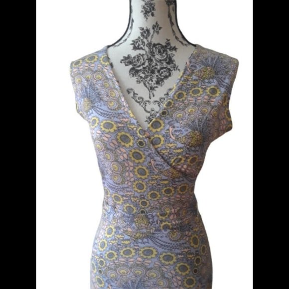 Leota Boho Maxi Dress Lilac Yellow Pastel Flowers and Peacocks Size XS *Easter* - Picture 4 of 7